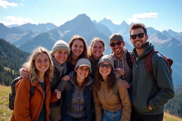 Glückliche Reisegruppe vor Bergkulisse